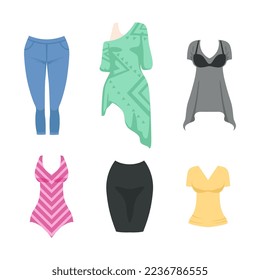 Different Female Clothes and Attire with Skirt, Blouse and Jeans Vector Set