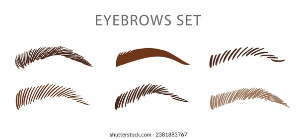 Different female eyebrow icons set. Makeup hand drawn brows sketch elements collection. Woman beauty salon Logo. Vector illustration 