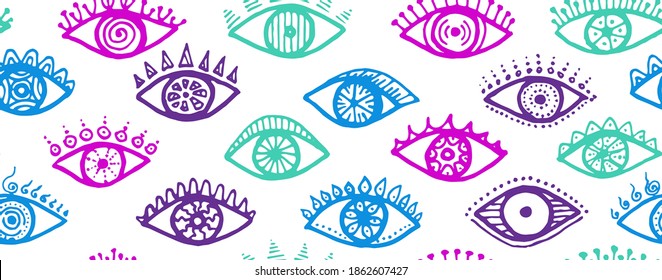 Different female eyes colorful seamless pattern. Sketch drawing style illustration. Fashion wrapping print design. Isolated eyes with girly eyelashes esoteric endless ornament.