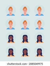 Different female face expressions semi flat color vector character avatar set. Portrait from front view. Isolated modern cartoon style illustration for graphic design and animation pack