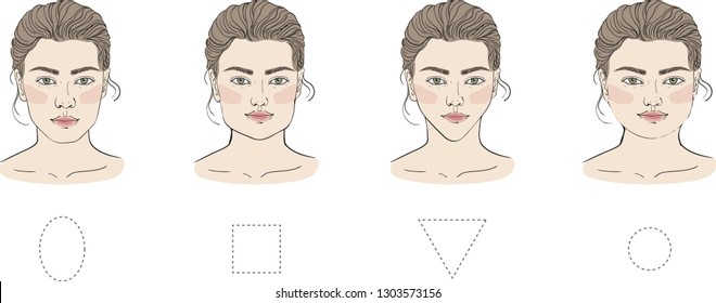 different female face shapes with different hairstyle. There are oval, square, round, long, diamond and triangle. Vector illustration. - Vector illustration