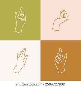 Different Female Gesture Hands Sign Thin Line Icon Set on a Color Background. Vector illustration of Silhouette Woman Hand