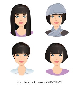 Different female hairstyles. For the girl, young adult, woman with black hair, / flat design, vector cartoon illustration