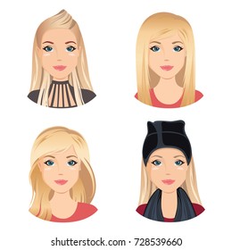 Different female hairstyles. For the girl, young adult, woman with blonde hair, / flat design, vector cartoon illustration