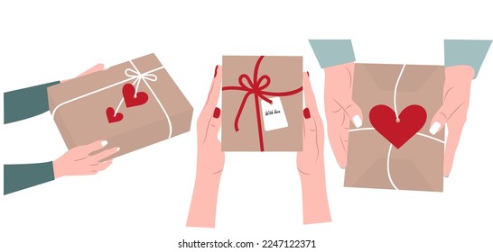 Diferentes manos femeninas sostienen regalo de caja de regalo envuelto en papel kraft, en blanco. Ilustración vectorial plana. Concepto de San Valentín.