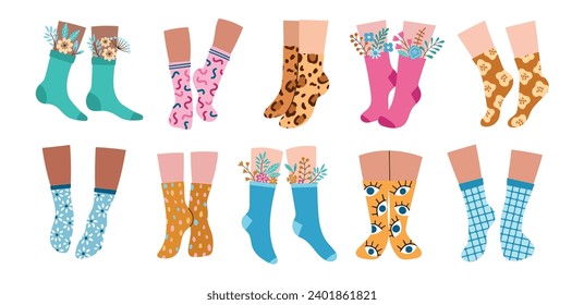 Different female legs in socks. Footwears bright designs, trendy fashion cotton goods with patterns, trendy patterned textile, vector set.eps
