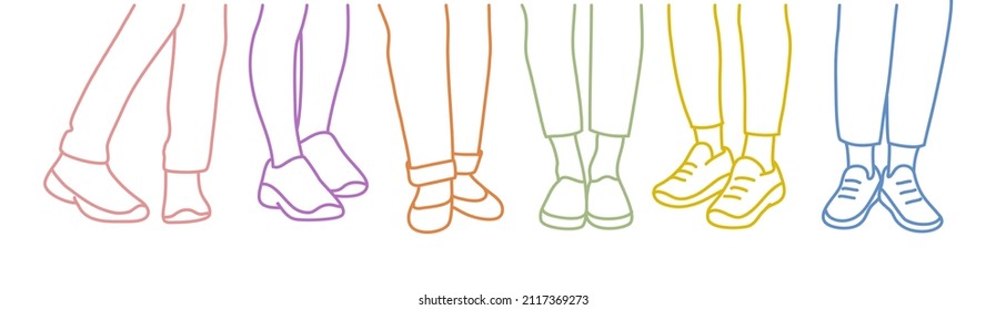 Different female legs in trousers and shoes. Hand drawn vector illustration. Color line.