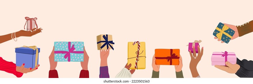 Diferentes manos hembras y machos sujetando cajas de regalo , las navidades se presentan aisladas en una ilustración vectorial plana y blanca. El concepto de intercambio internacional de donaciones navideñas, las armas dan recuerdos de año nuevo.