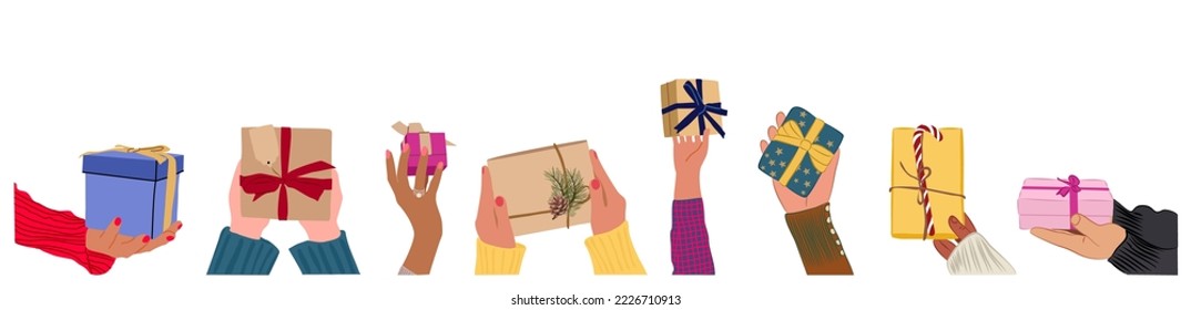 Different female and male hands holding gift boxes , christmas presents isolated on white, flat vector illustration. International grant exchange concept xmas holiday, arms gives new year souvenirs.