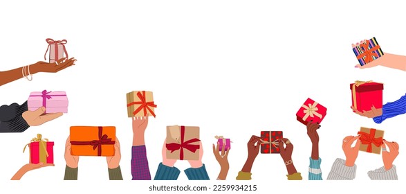 Different female and male hands holding gift boxes vector illustration isolated.