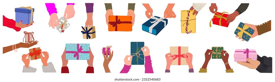 Different female and male hands holding gift boxes, birthday, anniversary, christmas presents. Arms wrapping, preparing gifts, new year souvenirs. Vector illustrations isolated on white background