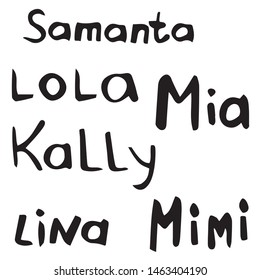 Different female names written by hand. Lettering