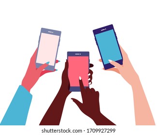 Different female nationality hands hold mobile phones.