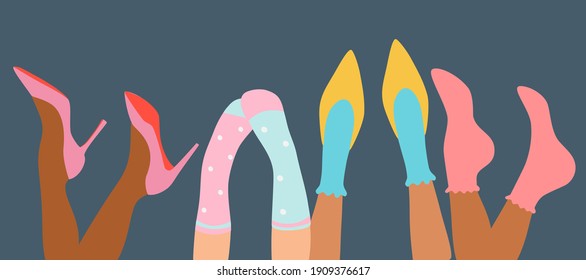 Different female's legs. Colorful socks and shoes high heels and trainers. Modern banner design for web and pint. Trendy hand draw vector illustration.