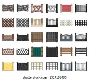 Different fence cartoon,black icons in set collection for design.Decorative fencing vector symbol stock web illustration.