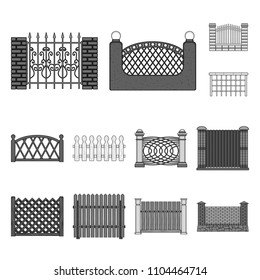 Different fence monochrome icons in set collection for design.Decorative fencing vector symbol stock web illustration.