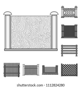 Different fence monochrome icons in set collection for design.Decorative fencing vector symbol stock web illustration.