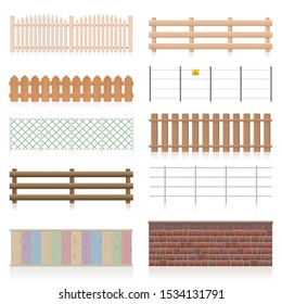 Different fences like wooden, garden, electric, picket, pasture, wire fence, wall, barbwire and other railings. Isolated vector illustration on white background.
