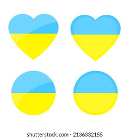 Different figures in the colors of the Ukrainian flag. Ukrainian flag heart, circle. Flat button. Vector illustration. stock image.