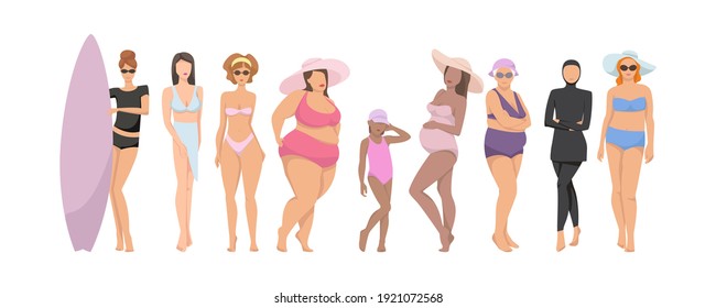 Different figures of women in swimwear, positive body movement. Female body types and sizes in bathing suits. Swimwear designer for body positivity.