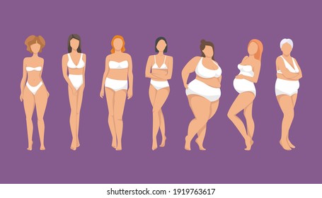 Different figures of women in underwear, positive body movement. Body types and sizes, wearing underwear standing in a row. lingerie designer for body positivity. Vector illustration.
