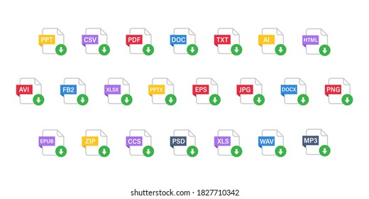 Different file format download icons. 22 download buttons for web site or app.