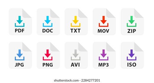 Iconos de descarga de formato de archivo diferentes. Botones de descarga para sitio web o aplicación.  Iconos de extensiones de formato de archivo. Archivo de documento. PDF, MP3, TXT, DOC, ZIP, JPG, PSD, AVI, MOV, PNG, ISO. Ilustración del vector