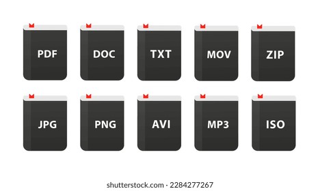 Different file format download icons. Download buttons for website or app.  File format extensions icons. Download book. PDF, MP3, TXT, DOC, ZIP, JPG, PSD, AVI, MOV, PNG, ISO. Vector illustration