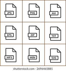 Diferentes tipos de arquivos de ícones para arquivos de áudio de vídeo e documentos de imagem.