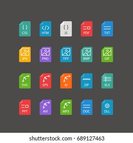 Different file types thin line color icons vector set