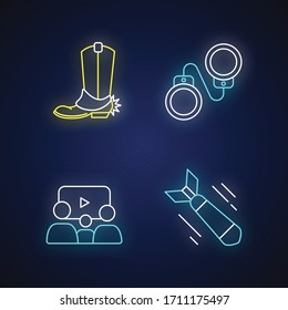 Different film genres neon light icons set. Western movie, family picture, criminal and war drama signs with outer glowing effect. Cinema industry, filmmaking. Vector isolated RGB color illustrations