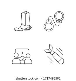 Different film genres pixel perfect linear icons set. Western, family picture, criminal and war drama customizable thin line contour symbols. Isolated vector outline illustrations. Editable stroke