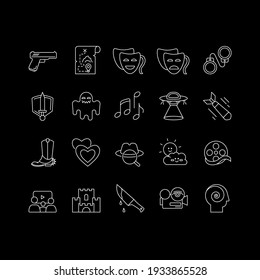 Different film genres white linear icons set for dark theme. Western movie, family picture, drama. Night mode customizable thin line symbols. Isolated vector outline illustrations. Editable stroke