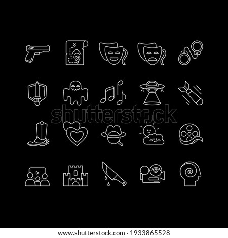 Different film genres white linear icons set for dark theme. Western movie, family picture, drama. Night mode customizable thin line symbols. Isolated vector outline illustrations. Editable stroke
