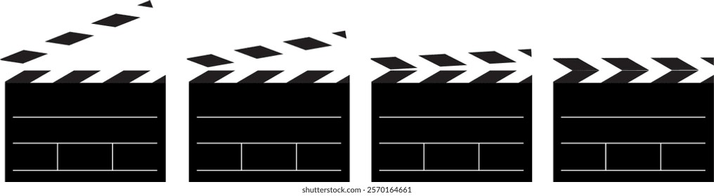 Different film production clapperboard positions, professional video recording. Concept: Film, film recording, professional film, television.