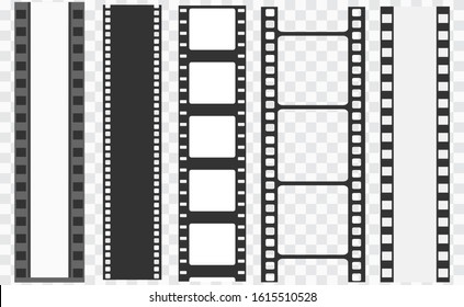 Different Film Strip Collection. Old Retro Cinema Strips. Cinema Strip Templates. Negative And Strip, Media Filmstrip. Film Roll Vector, Film 35mm, Slide Film Frame Set