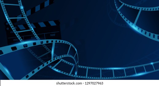 Different film strip frame with clapper-board isolated on blue background. Design template cinema festival banner, brochure, flyer, poster, tickets, leaflet. Vector illustration in 3d isometric style.