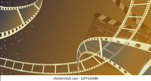 Different film strip frame with clapperboard isolated on blue background. Design template cinema festival banner, brochure, flyer, poster, tickets, leaflet. Vector illustration in 3d isometric style