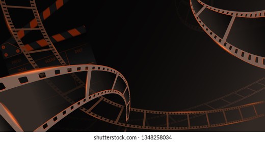 Different film strip frame with clapperboard isolated on grey background. Design template cinema festival banner, brochure, flyer, poster, tickets, leaflet. Vector illustration.