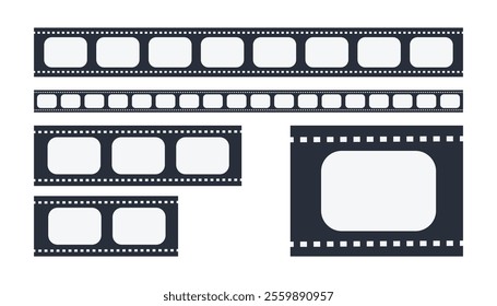 Different film stripes. realistic filmstrip. filmstrips collection on white background. photographic. photo frames. free copy space. black and white film strip