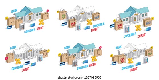 Different finance concepts illustrations 3D vector set isolated on white background, business and money conceptual designs collection, savings, bank, contract, income, safety, online.