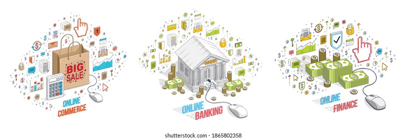 Unterschiedliche Finanzierungskonzepte Illustrationen 3D-Vektorgrafik einzeln auf weißem Hintergrund, Unternehmens- und Geldkonzeption Sammlung, Sparen, Bank, Vertrag, Einkommen, Sicherheit, Online.