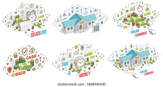 Distintos conceptos de finanzas ilustran el vector 3D aislado en el fondo blanco, colección de diseños conceptuales de negocios y dinero, ahorro, banco, contrato, ingresos, seguridad, en línea.