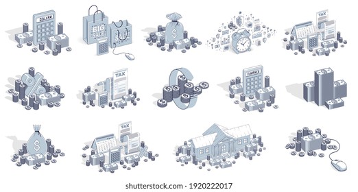 Different finance concepts illustrations 3D vector set isolated on white background, business and money conceptual designs collection, savings, bank, contract, income, safety, online.