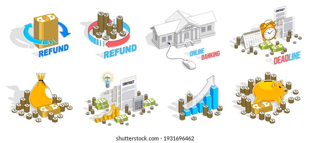 Different finance concepts illustrations 3D vector set isolated on white background, business and money conceptual designs collection, savings, bank, contract, income, safety, online.