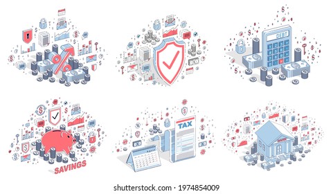 Different finance concepts illustrations 3D vector set isolated on white background, business and money conceptual designs collection, savings, bank, contract, income, safety, online.