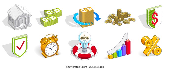 Different finance concepts illustrations 3D vector set isolated on white background, business and money conceptual designs collection, savings, bank, contract, income, safety, online.