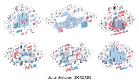 Different finance concepts illustrations 3D vector set isolated on white background, business and money conceptual designs collection, savings, bank, contract, income, safety, online.