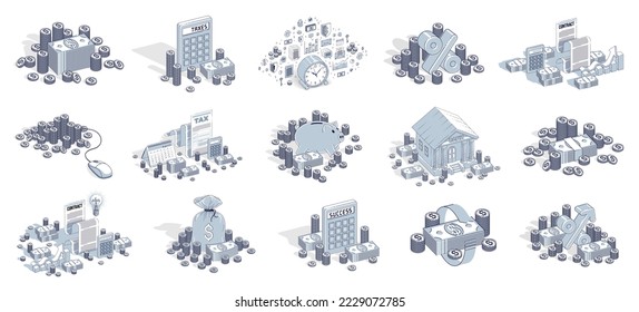 Different finance concepts illustrations 3D vector set isolated on white background, business and money conceptual designs collection, savings, bank, contract, income, safety, online.