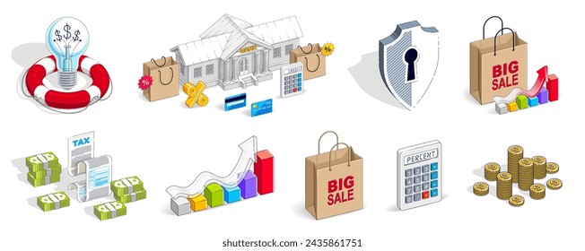 Ilustraciones de diferentes conceptos financieros Conjunto de vectores 3D aislado sobre fondo blanco, negocios y dinero Diseños conceptuales de colección, ahorros, banco, contrato, ingresos, seguridad, en línea.